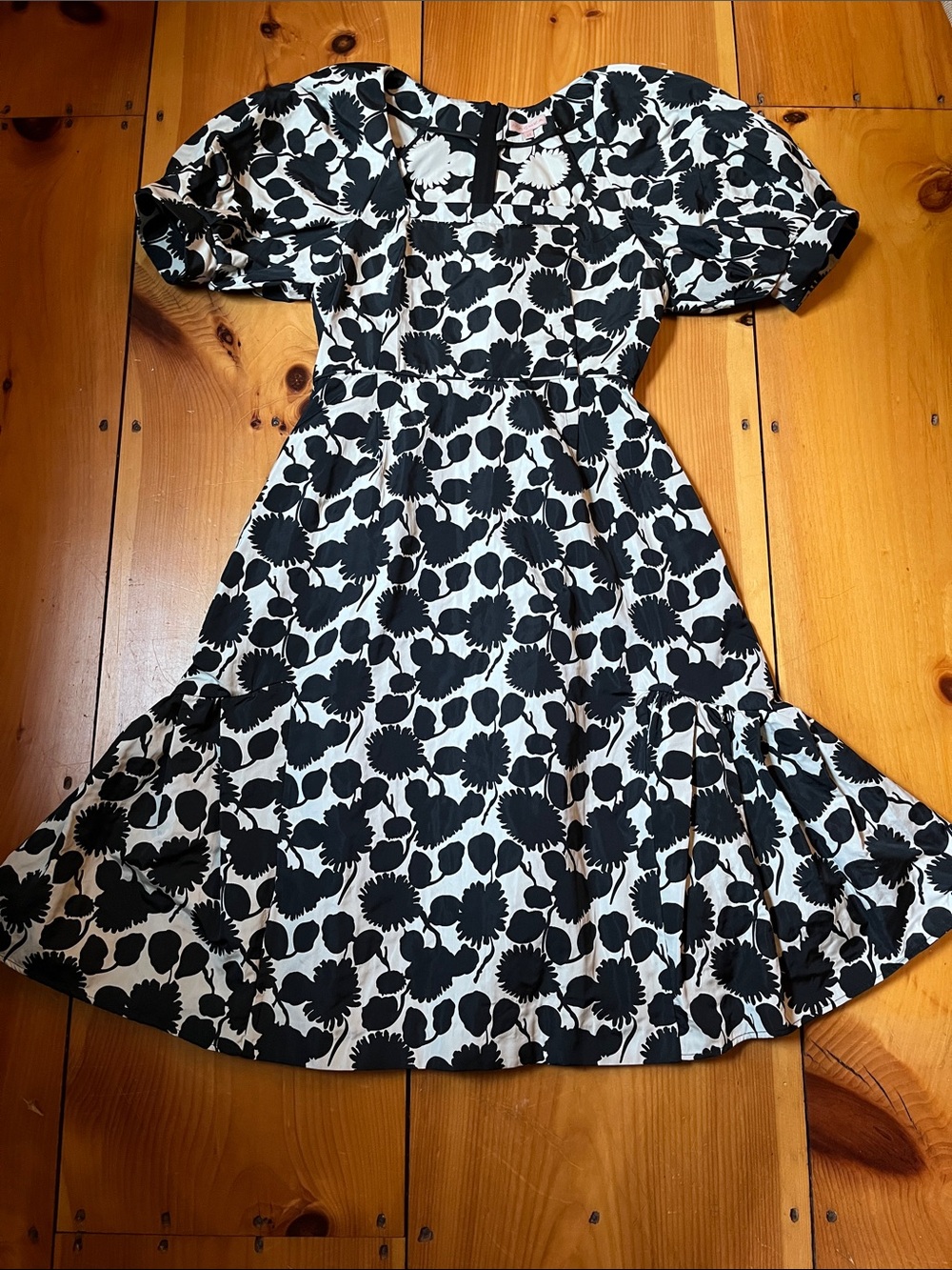 MACHKA 40 Black Floral Brocade Puff Sleeve Dress Square Neck Flared Skirt